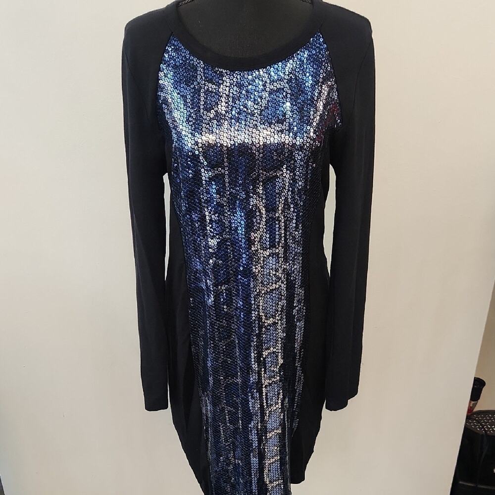 Karen Kane Sequin Front Knit Dress Black Blue Long Sleeve Size L Made in USA
